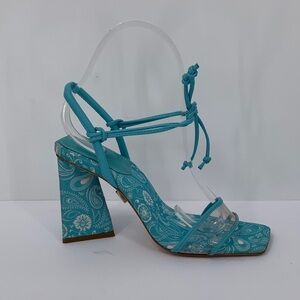 Schutz Gianna strappy sandal heel turquoise blue bandana clear shoe tie new 6